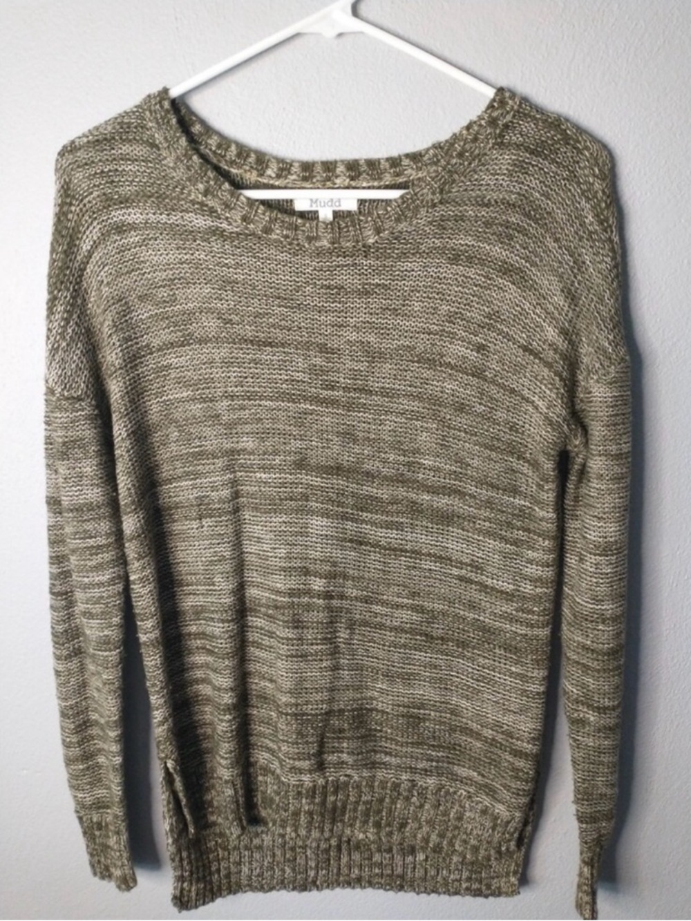 Mudd Marble Knit Sweater Women’s Small Chain Link Pattern High Low Green/gray